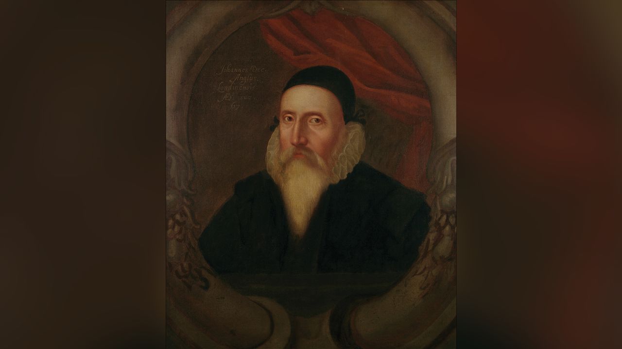 This is a portrait of John Dee from 1594.