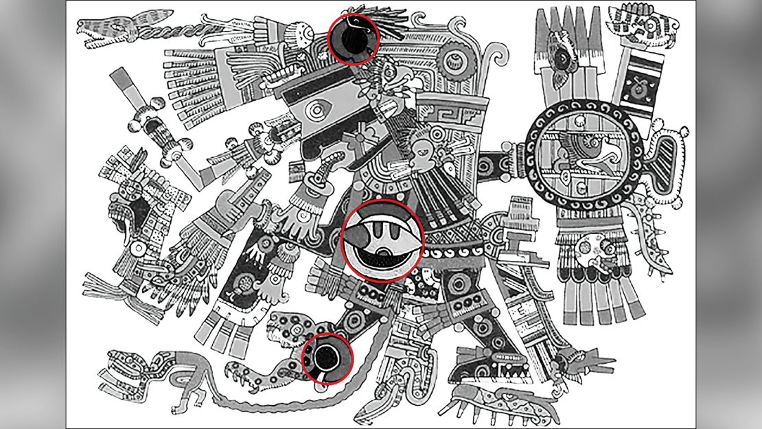 This figure shows Tezcatlipoca, lord of the smoking mirror, with circular obsidian mirrors on his temple, his chest and his foot highlighted.