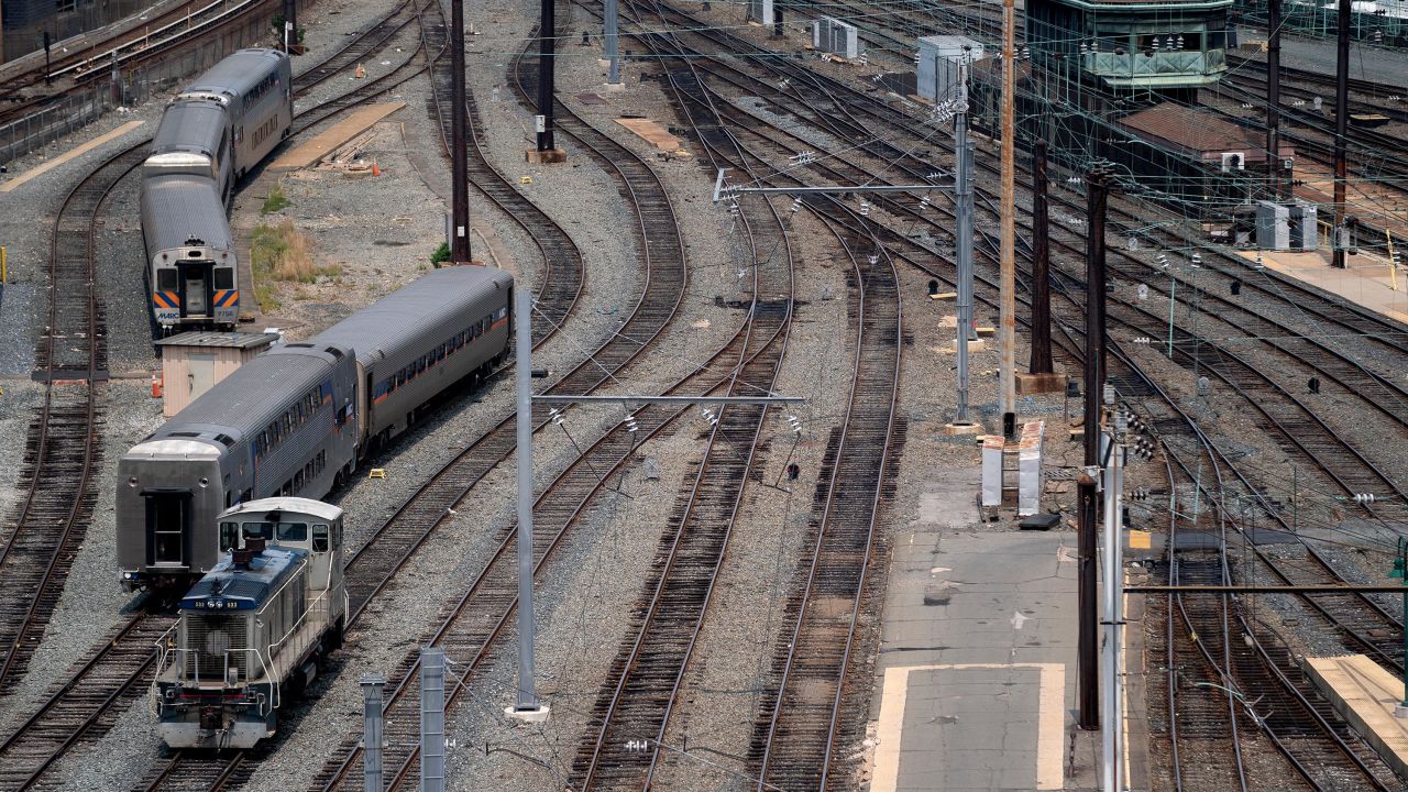 A MARC trains sit on the tracks at Union Station on July 25, 2021, in Washington, DC.