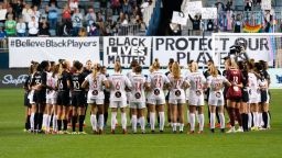 Oct 6, 2021; Chester, Pennsylvania, USA; Players stop the match during the first half of a NWSL soccer match between NJ/NY Gotham FC and the Washington Spirit in a protest at Subaru Park. Mandatory Credit: Bill Streicher-USA TODAY Sports/Sipa USA