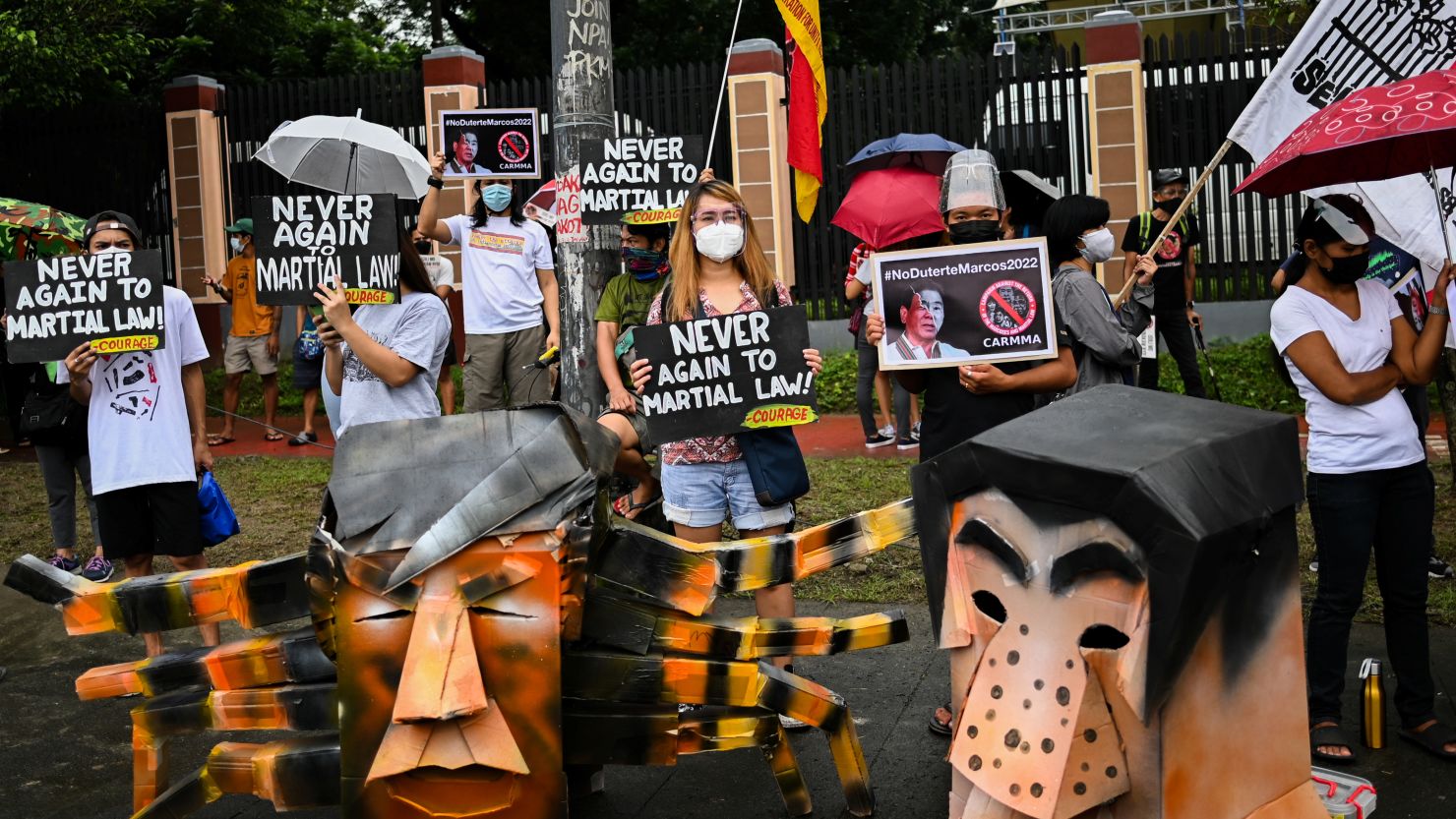 Protesters gather at the Commission of Human Rights in Quezon City, Metro Manila on October 6 following the presidential bid announcement of Ferdinand "Bongbong" Marcos Jr.