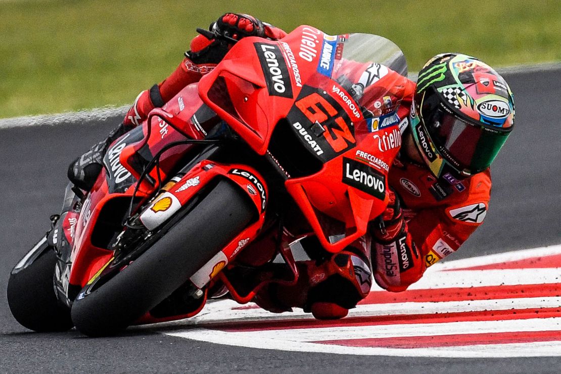 Bagnaia competes during the San Marino MotoGP Grand Prix at the Misano World Circuit Marco-Simoncelli on September 19, 2021 in Misano Adriatico, Italy. 