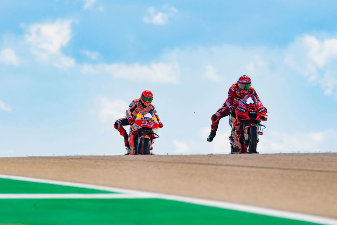Bagnaia leads Marc Marquez of Spain and Repsol Honda Team   during the MotoGP of Aragon at the Motorland Aragon Circuit on September 12, 2021 in Alcaniz, Spain.