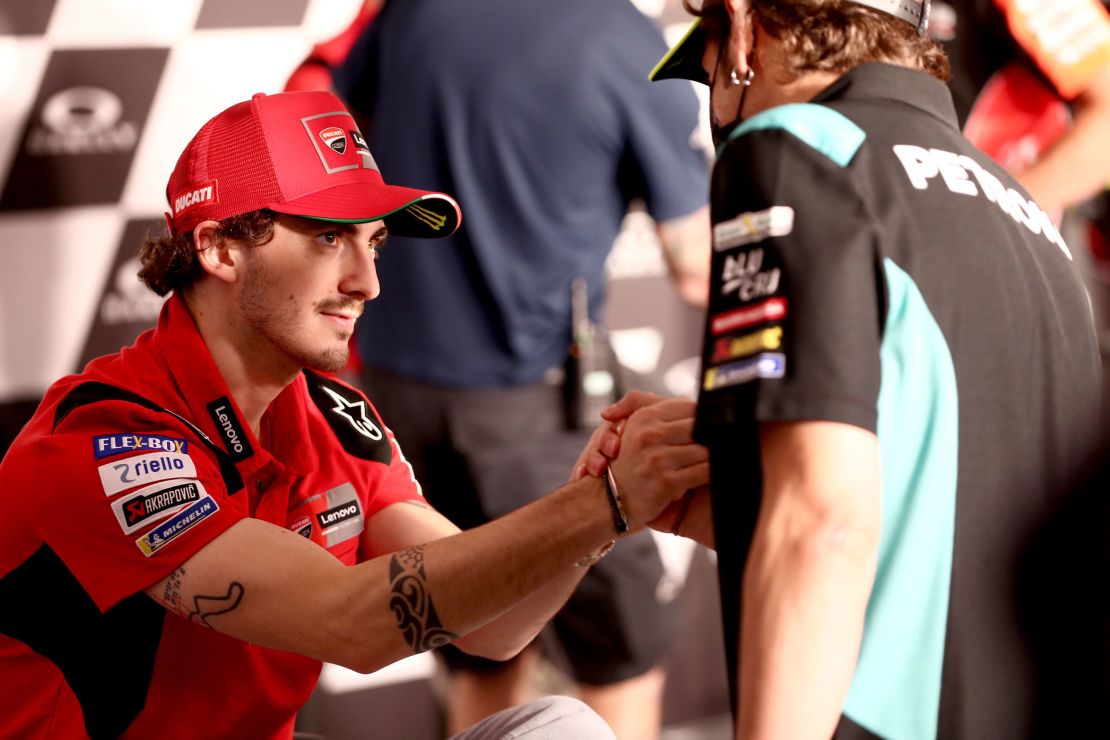 Bagnaia and Valentino Rossi are pictured together at the Italian GP at the Mugello Circuit on May 27, 2021 in Scarperia e San Piero, Italy.