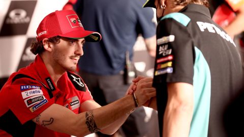 Bagnaia and Valentino Rossi are pictured together at the Italian GP at the Mugello Circuit on May 27, 2021 in Scarperia e San Piero, Italy.