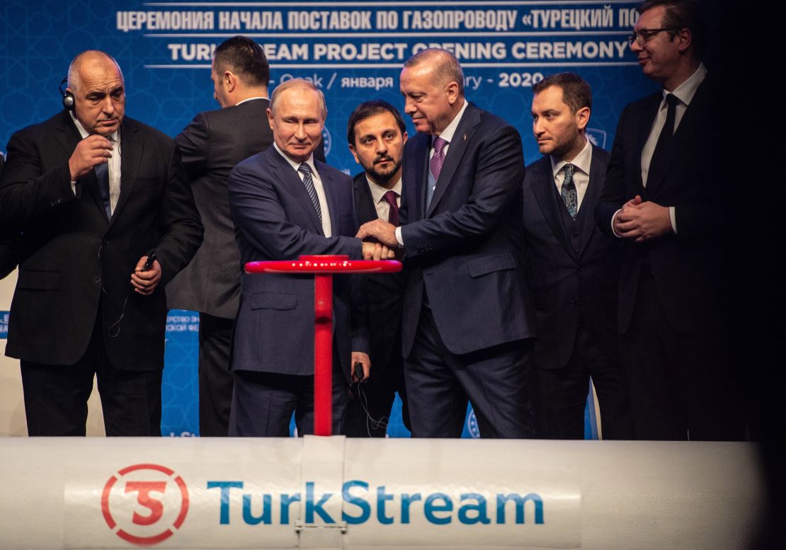 Russian President Vladimir Putin and Turkish President Recep Tayyip Erdogan shake hands at the opening ceremony of the Turkstream gas pipeline project in in Istanbul, Turkey, in January 2020.