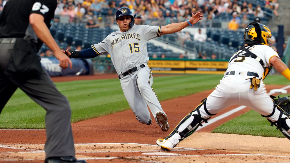 Tyrone Taylor of the Milwaukee Brewers scores during a game at PNC Park in Pittsburgh on July 29, 2021.