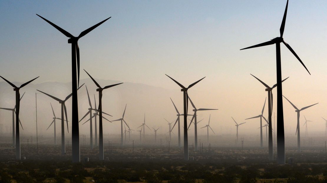 Wind turbines generating electricity at the San Gorgonio Pass Wind Farm near Palm Springs, California.