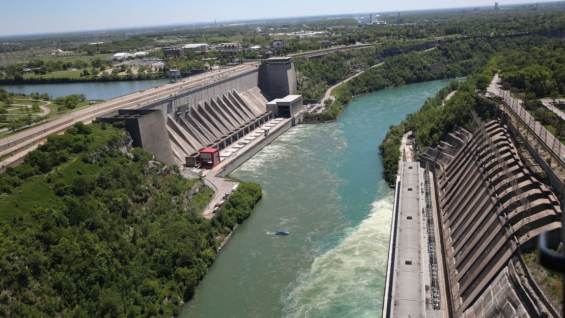 Water from the Niagara River passing through a hydroelectric dam the Robert Moses Generating Facility in Lewiston, New York.