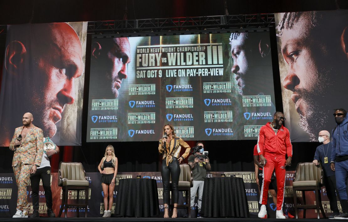 Broadcaster Kate Abdo moderates a news conference for WBC heavyweight champion Tyson Fury and Deontay Wilder at the MGM Grand Garden Arena on October 6, 2021 in Las Vegas, Nevada.