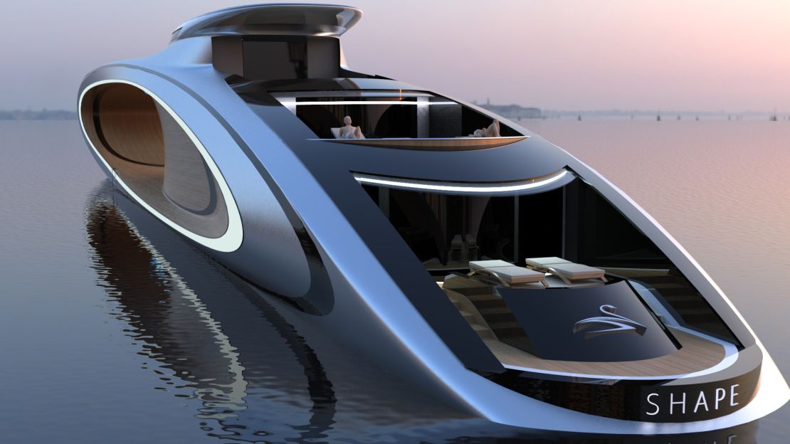 The yacht will be fitted with a glass-bottomed infinity pool, a beach club and a helipad.