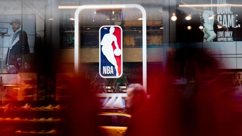 An NBA logo is shown at the 5th Avenue NBA store on March 12, 2020, in New York City.