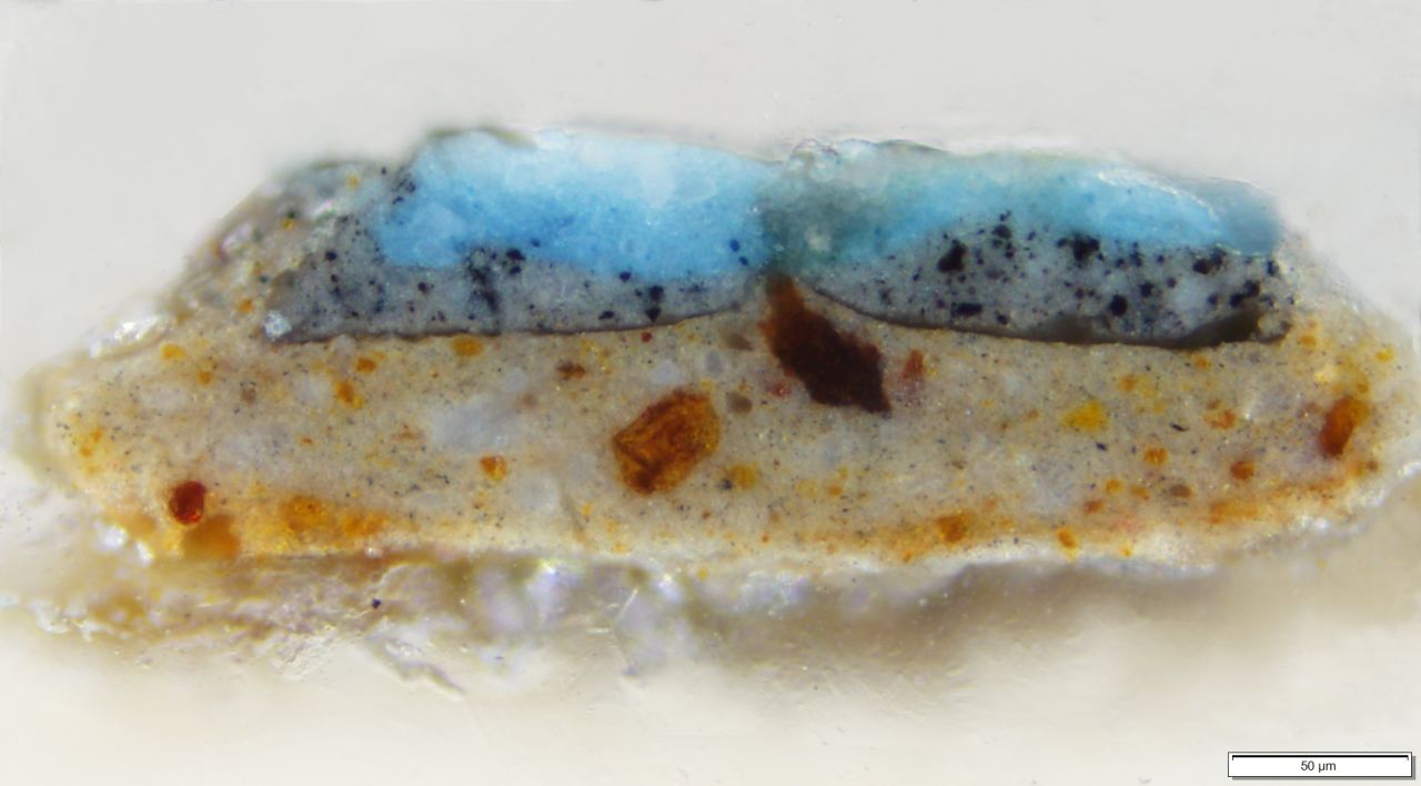 Cross-section taken from the painting where analysis has identified the pigment Prussian Blue.