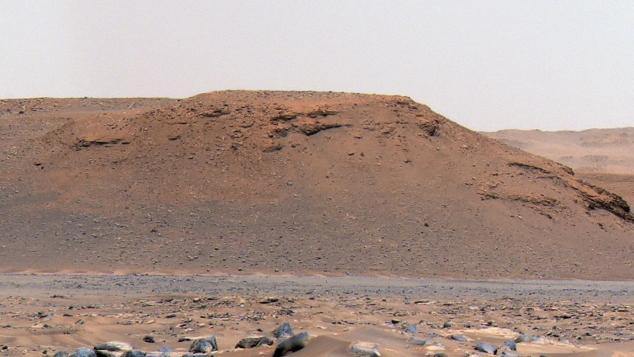 This long, steep slope is called an escarpment, or scarp, along the delta in Mars' Jezero Crater.