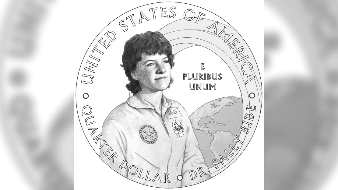 NASA astronaut Sally Ride's quarter sets her in space. 