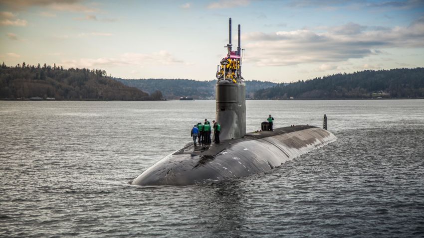 The USS Connecticut is seen departing for sea trials in this 2016 file photo. On Saturday, a US nuclear powered submarine struck an object underwater in the South China Sea, injuring a number of sailors, according to two defense officials. None of the injuries were life-threatening, according to a statement from US Pacific Fleet. It's unclear what the Seawolf-class submarine may have hit while it was submerged.