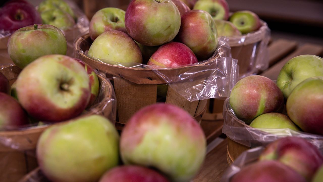 Apples are displayed for sale at Owen Orchards in Weedsport, New York.