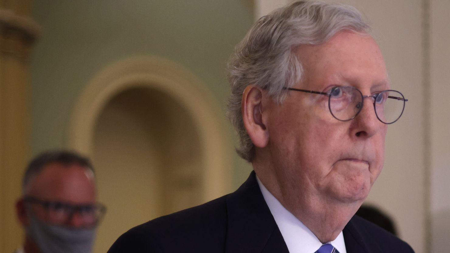 US Senate Minority Leader Sen. Mitch McConnell leaves after a weekly Senate Republican policy luncheon at the Capitol October 5, 2021, in Washington, DC. 