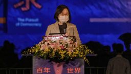 Taiwan President Tsai Ing-Wen making a speech in Taipei on October 5.