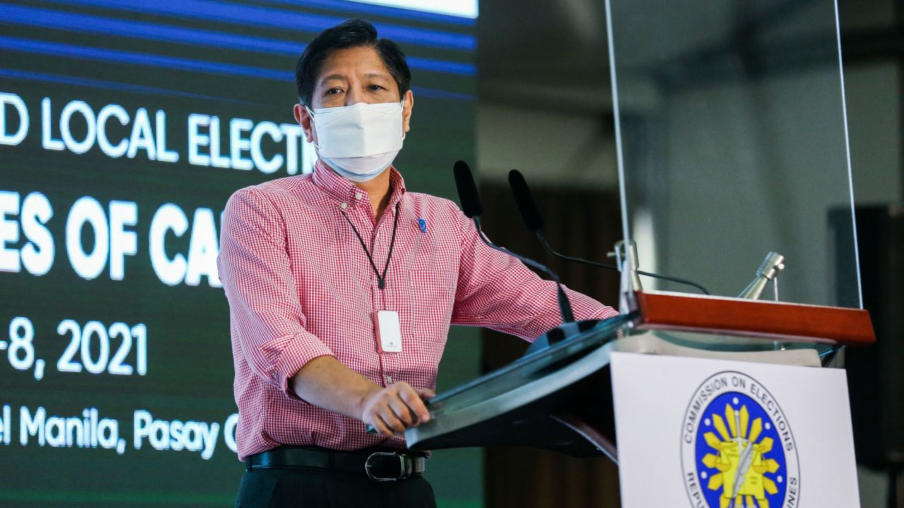 Former Philippine senator Ferdinand "Bongbong" Marcos Jr., son of former dictator Ferdinand Marcos, speaks after filing his candidacy in Pasay on October 6.