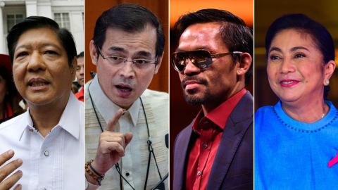 Three of the candidates for the 2022 Philippines presidential election, left to right: Ferdinand "Bongbong" Marcos Jr., former actor Isko Moreno and boxing superstar Manny Pacquiao.
