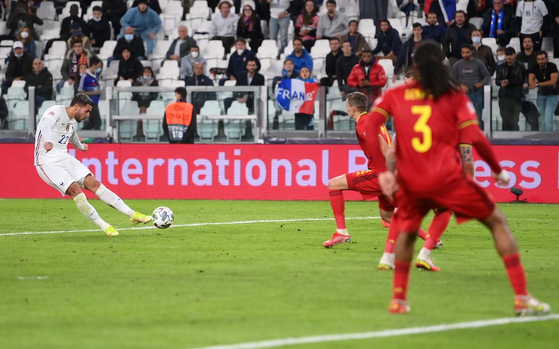 Theo Hernandez scores the winner against Belgium in Turin, Italy.