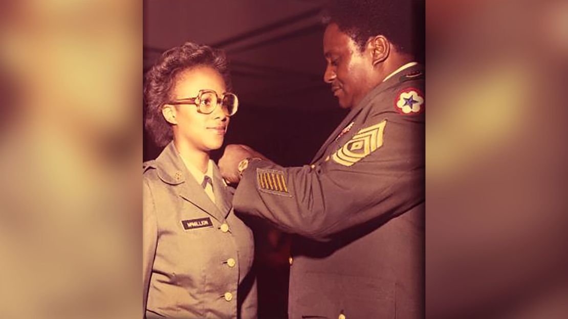 Gwen Bingham receiving her Second Lieutenant bars at the University of Alabama's ROTC commissioning ceremony in 1981.