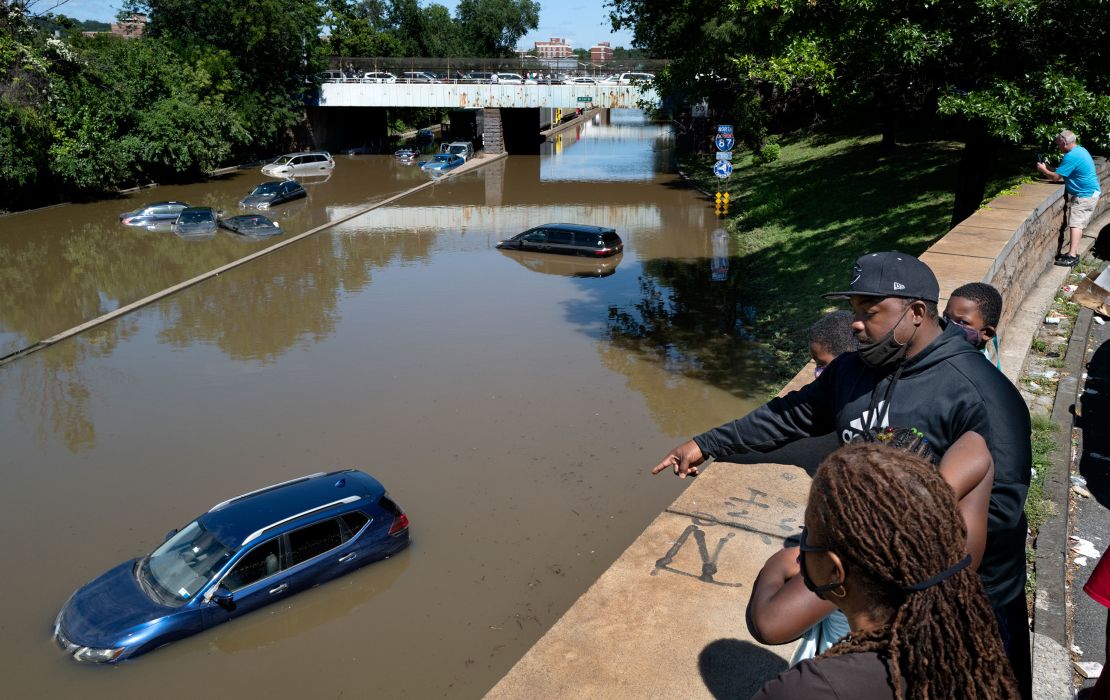 Vehicles stranded by high water in the Bronx borough of New York City after Hurricane Ida on September 2, 2021. 