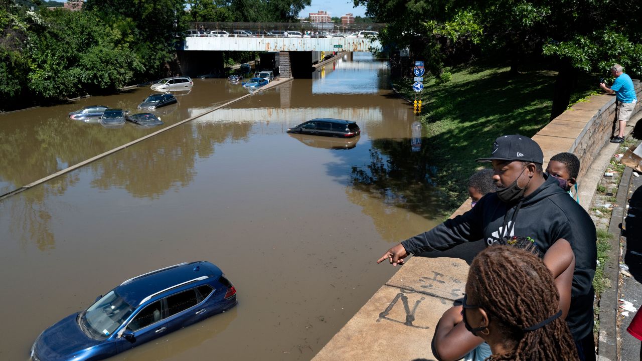 Vehicles stranded by high water in the Bronx borough of New York City after Hurricane Ida on September 2, 2021. 