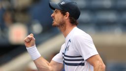 NEW YORK, NEW YORK - AUGUST 30: Andy Murray of United Kingdom celebrates against Stefanos Tsitsipas of Greece during their men's singles first round match on Day One of the 2021 US Open at the Billie Jean King National Tennis Center on August 30, 2021 in the Flushing neighborhood of the Queens borough of New York City. (Photo by Elsa/Getty Images)