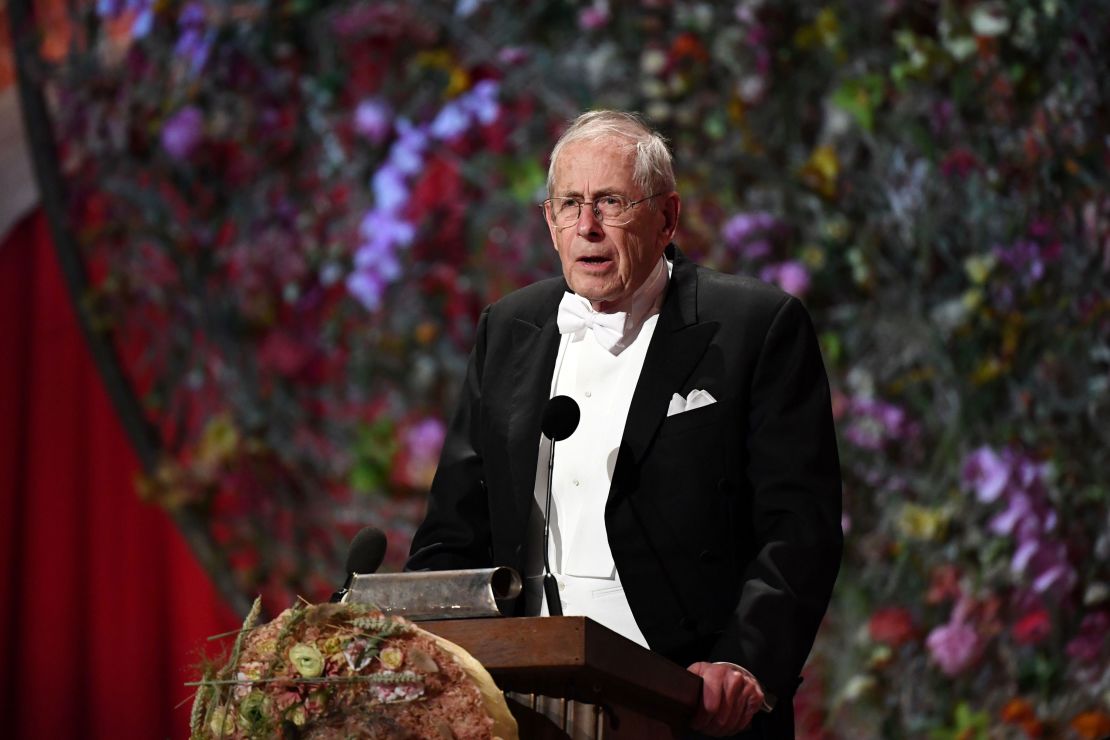 Canadian-American astrophysicist, astronomer, and theoretical cosmologist Jim Peebles speaks at the Nobel banquet in 2019.