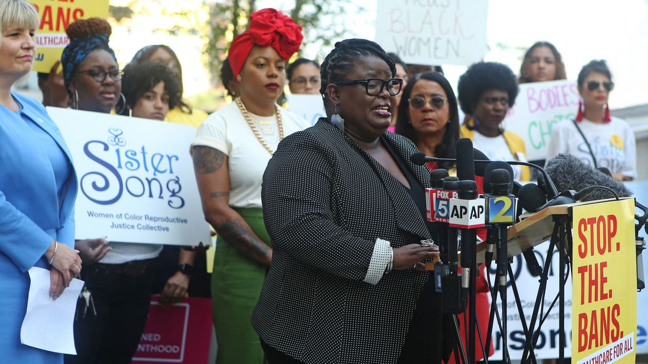 Monica Simpson, executive director of SisterSong, speaks at a press conference in 2019 in Atlanta after a lawsuit was filed  challenging Georgia's HB 41, the "heartbeat bill." 
