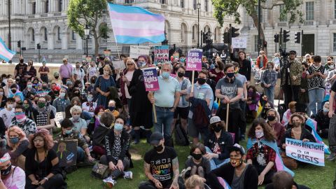 Transgender people and their supporters protest outside Downing Street in August.