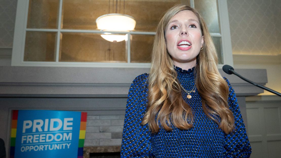 Carrie Johnson, wife of Britain's Prime Minister Boris Johnson, speaks at the annual LGBT+ pride reception hosted in partnership with Stonewall, on the third day of the annual Conservative Party Conference in Manchester in October.