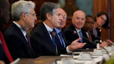 US Secretary of State Antony Blinken (C) speaks during a working breakfast with Mexican President Andres Manuel Lopez Obrador (out of frame) at the National Palace in Mexico City, on October 8, 2021. 