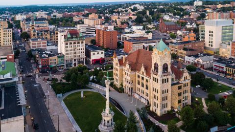 An aerial view of the City Hall and downtown district of Scranton, Pennsylvania.