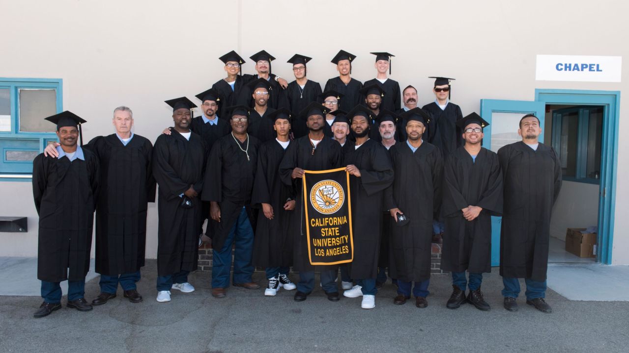 Prisoners who took part in Cal State LA's bachelor degree program graduate during a ceremony on October, 5, 2021.