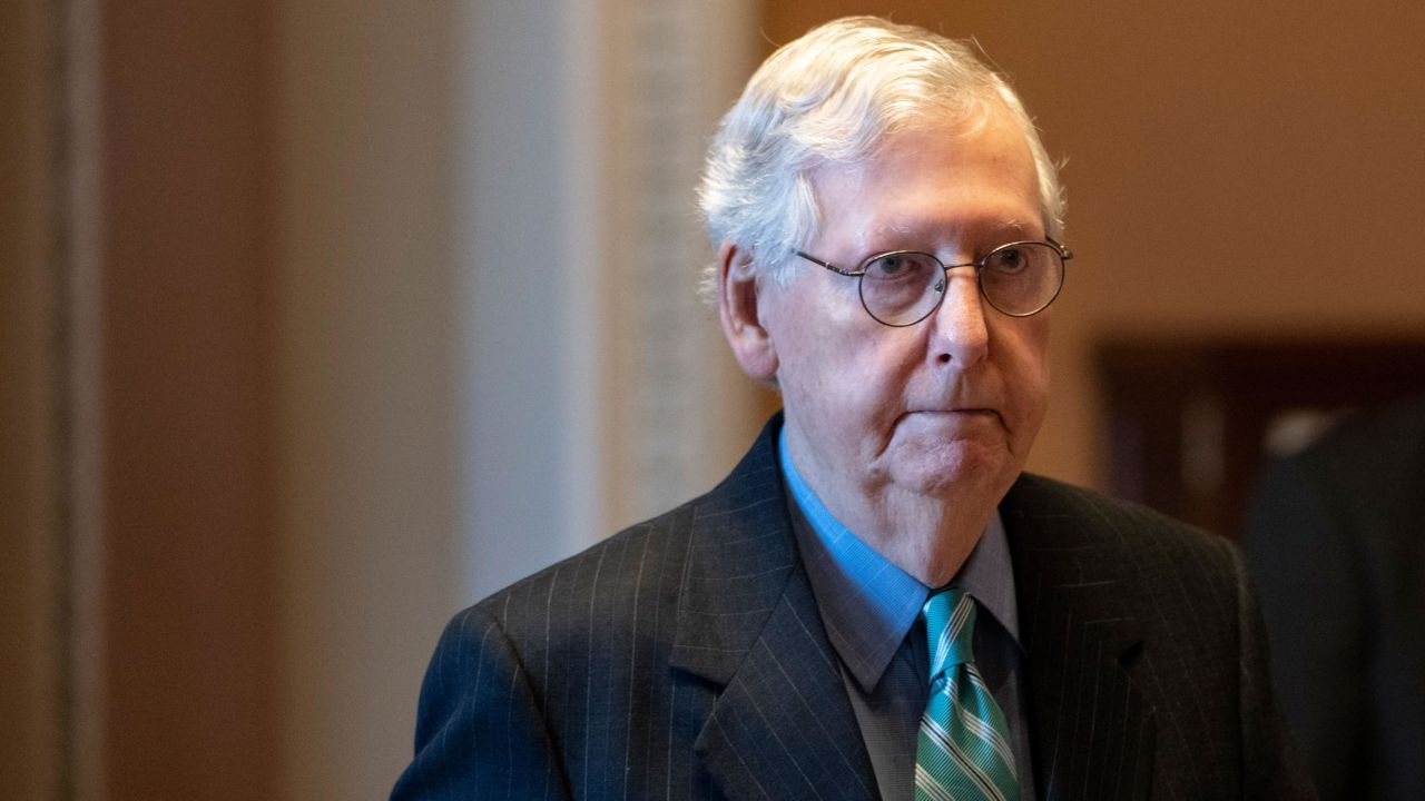  Senate Minority Leader Mitch McConnell arrives at the US Capitol on October 7, 2021, in Washington, DC. 