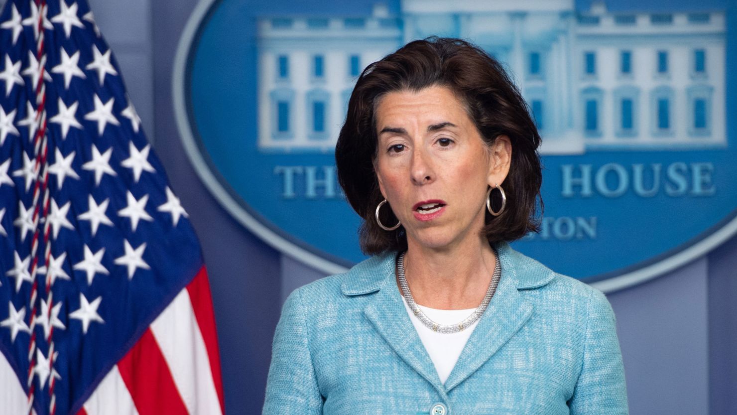 US Commerce Secretary Gina Raimondo speaks during the daily press briefing on July 22, 2021, in the Brady Briefing Room of the White House in Washington, DC. (Photo by SAUL LOEB / AFP) (Photo by SAUL LOEB/AFP via Getty Images)