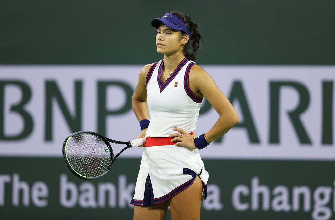 Emma Raducanu of Great Britain shows her dejection during her straight sets defeat by Aliaksandra Sasnovich of Belarus.