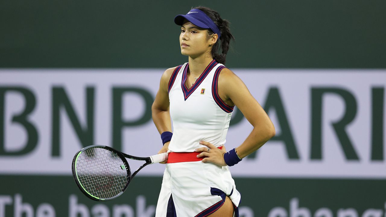 Emma Raducanu of Great Britain shows her dejection during her straight sets defeat by Aliaksandra Sasnovich of Belarus.