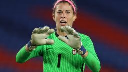 YOKOHAMA, JAPAN - AUGUST 06: Stephanie Labbe #1 of Team Canada reacts during the penalty shoot out during the Women's Gold Medal Match between Canada and Sweden on day fourteen of the Tokyo 2020 Olympic Games at International Stadium Yokohama on August 06, 2021 in Yokohama, Kanagawa, Japan. (Photo by Francois Nel/Getty Images)