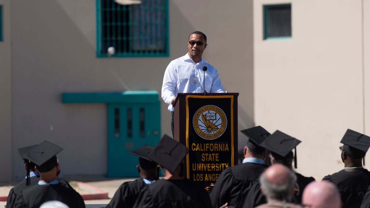 Allen Burnett speaking at the graduation ceremony at California State Prison, Los Angeles County (LAC) on October 5, 2021.