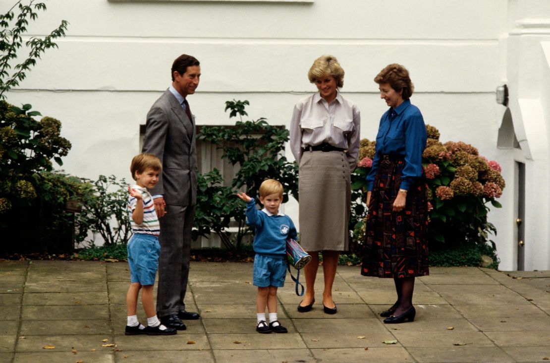 Prince Charles, Princess Diana and Prince William attend Prince Harry's first day at Mrs Mynors' nursery school in London in 1987. 