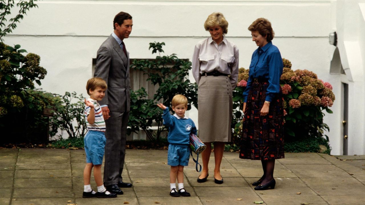 Prince Charles, Princess Diana and Prince William attend Prince Harry's first day at Mrs Mynors' nursery school in London in 1987.