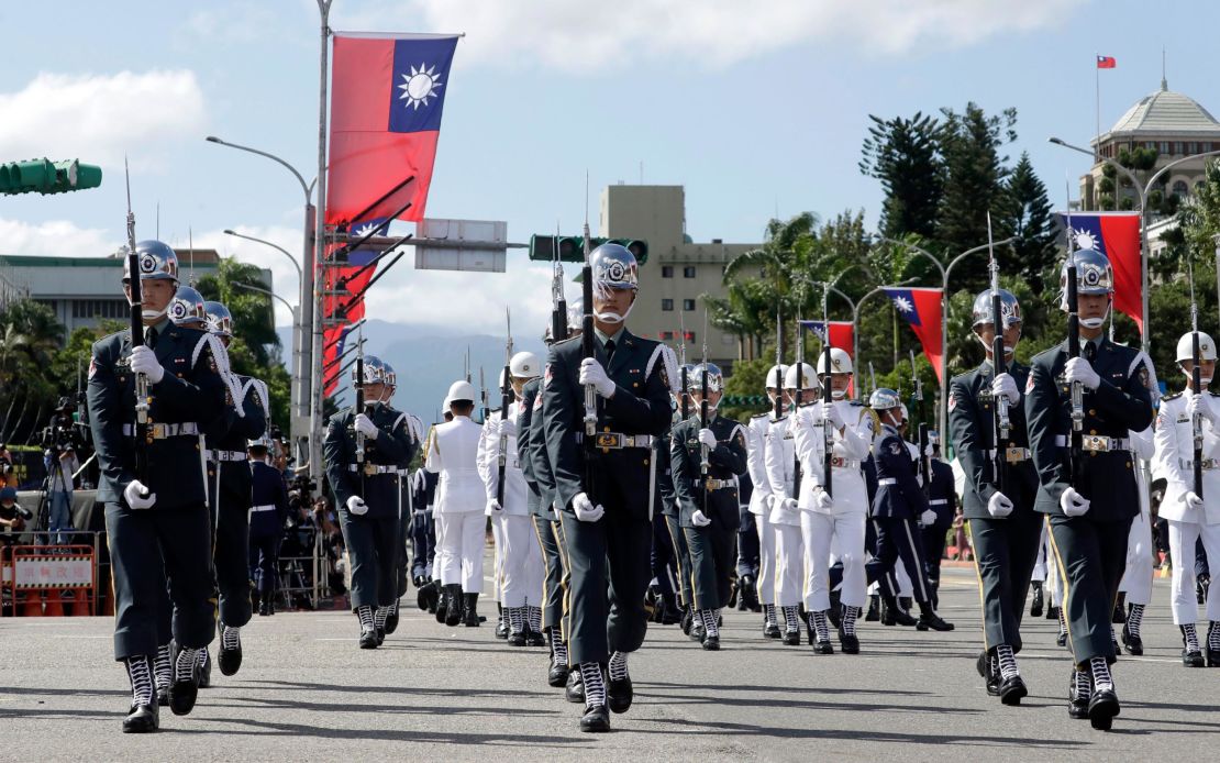 The military honor guard attend during National Day celebrations in front of the Presidential Building in Taipei, Taiwan, on October 10.