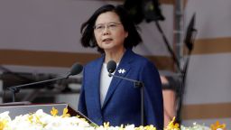 Taiwanese President Tsai Ing-wen delivers a speech during National Day celebrations in front of the Presidential Building in Taipei, Taiwan, Sunday, Oct. 10, 2021. (AP Photo/Chiang Ying-ying)
