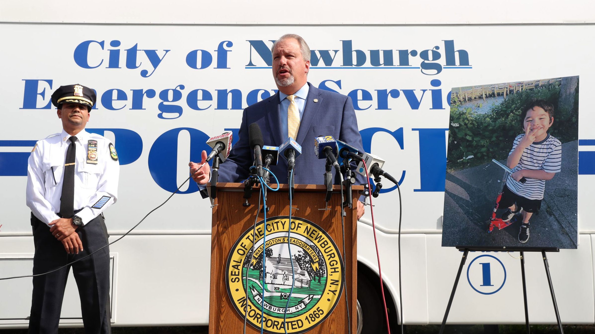 Orange County District Attorney David Hoovler offers updates during a news conference on the investigation into 7-year-old Peter Cuacuas' death, outside police headquarters in Newburgh, New York, on Friday