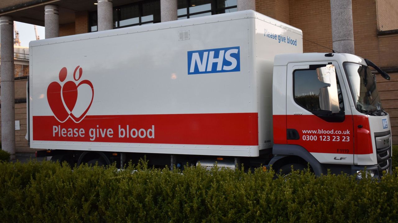 NHS Blood Donation Service lorry outside Christ the Cornerstone Church in Milton Keynes.