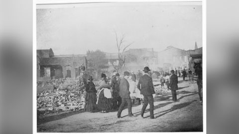 Residents of San Jose survey the destruction of the city's Chinatown in 1887.